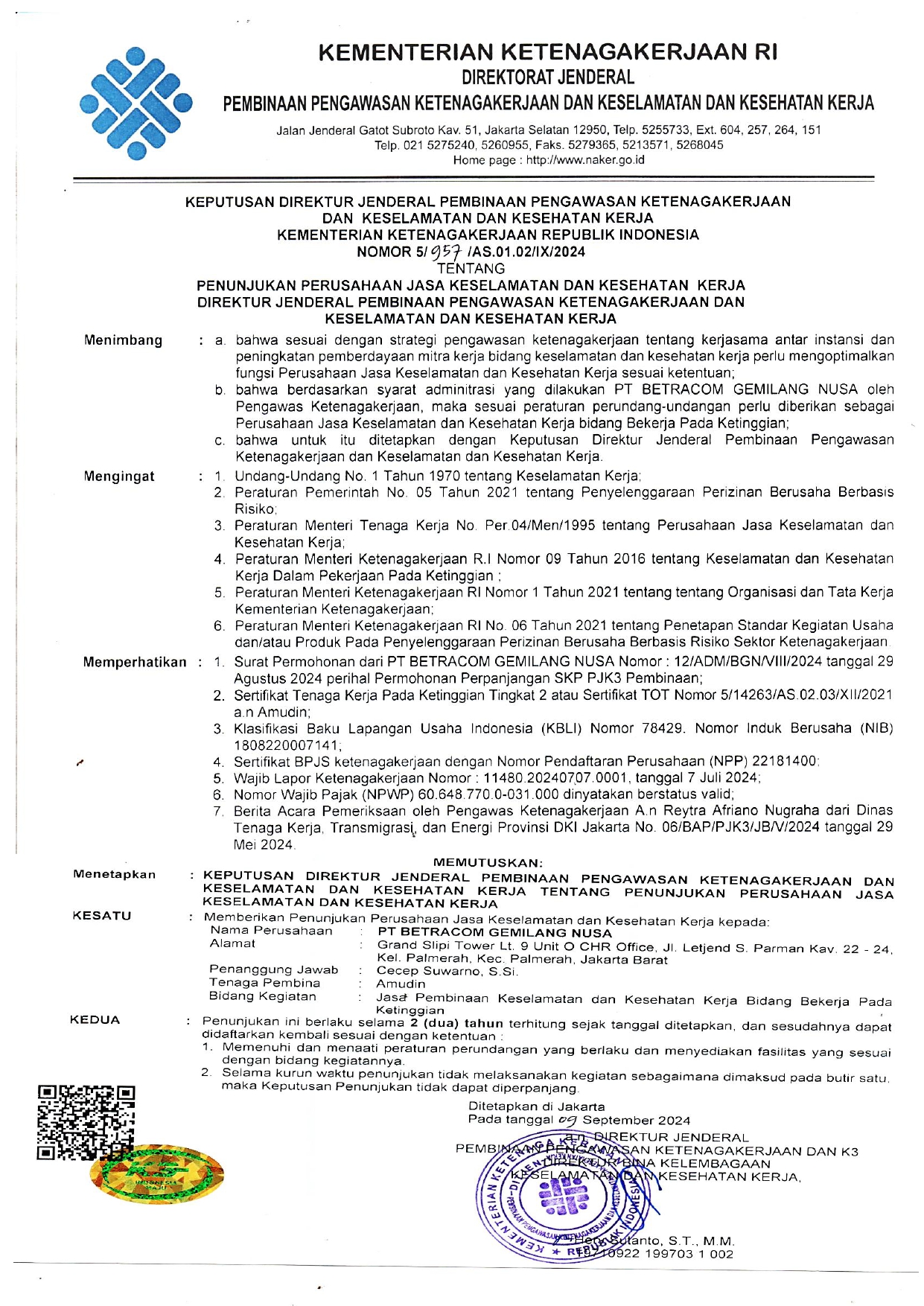 SKP Ketinggian PT Betracom Gemilang Nusa